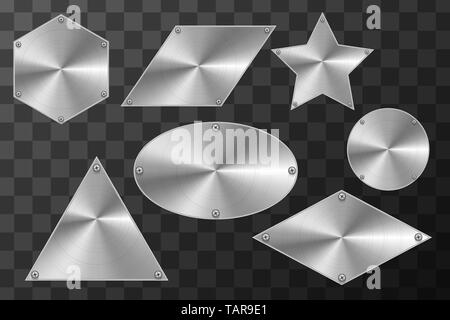 Glossy metal industrial plates in different shapes on transparent background Stock Vector