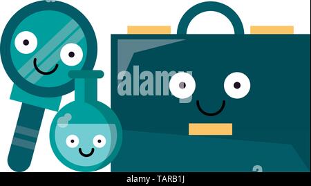 Business briefcase with magnifying glass and flask vector illustration Stock Vector