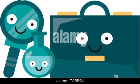 Business briefcase with magnifying glass and flask vector illustration Stock Vector