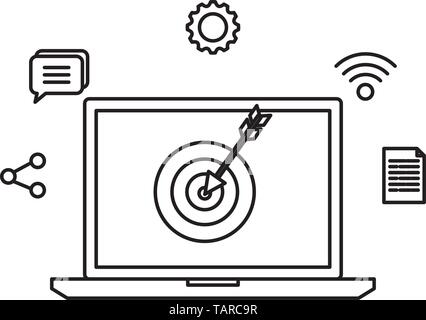 laptop with target and social media icons Stock Vector