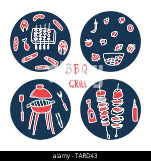 Barbecue round compositions with cookout symbols and text. BBQ set with handdrawn lettering. Summer outdoor cooking elements. Vector conceptual illust Stock Vector