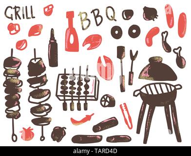 Barbecue collection in flat style with text. BBQ set with handdrawn lettering. Cookout symbols. Summer outdoor cooking elements. Vector color illustra Stock Vector