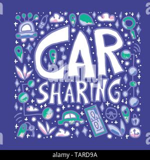 Car sharing concept. Hand lettering with symbols. Vector illustration. Stock Vector