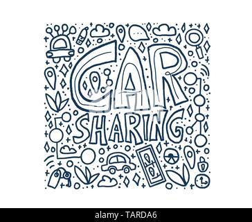 Car sharing concept. Hand lettering with symbols. Vector illustration. Stock Vector