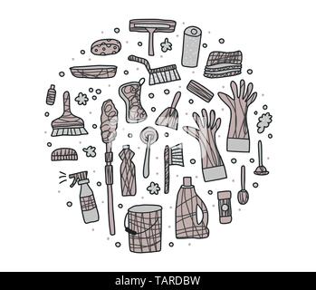 Cleaning tools round composition. Vector set of cleaning equipment. Collection of housekeeping symbols in doodle style. Color conceptual illustration. Stock Vector