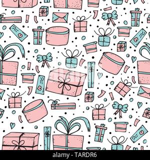 Seamless pattern of gift boxes. Endless background of holiday presents in doodle style. Vector illustration. Stock Vector
