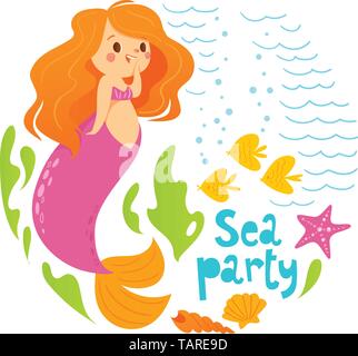 Sea party cartoon style vector summer design with cute mermaid girl and sea fish  Stock Vector
