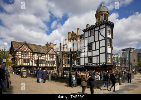 Old Wellington Inn  half-timbered pub and Sinclair's Oyster Bar in Manchester city centre,  part of Shambles Square Medieval buildings moved twice