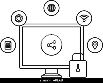 desktop with padlock and social media icons Stock Vector