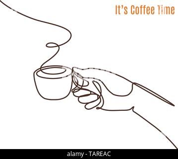 Vector coffee illustration drawn with one line. Hand with a cup of coffee. Stock Vector