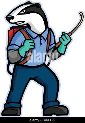 Mascot icon illustration of a badger who is a pest control exterminator carrying a pressure sprayer or pesticide spray pump backpack looking to side s Stock Vector