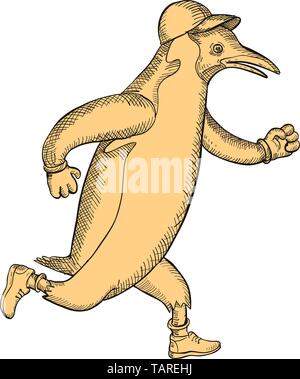 Drawing sketch style illustration of a gentoo penguin marathon runner wearing rubber shoes, gloves and cap running viewed from side on isolated backgr Stock Vector