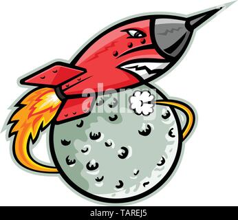 Mascot icon illustration of vintage rocket ship or spaceship launching, flying or taking-off from the moon on isolated background in retro style. Stock Vector