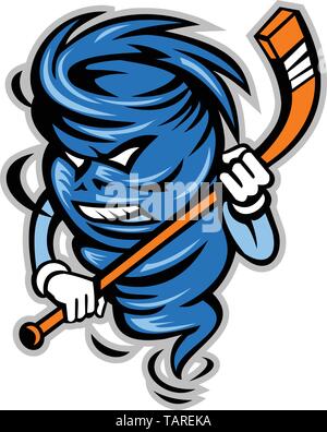 Mascot icon illustration of a tornado, twister or cyclone ice hockey player holding stick viewed from front on isolated background in retro style. Stock Vector