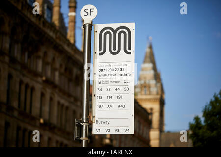 Manchester modernist M logo bus stop sign in Manchester city centre TfGM Stock Photo