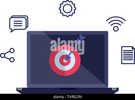 laptop with target and social media icons Stock Vector