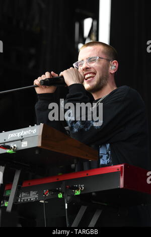 Easy Life band is shown performing on stage during a 'live' concert appearance. Stock Photo