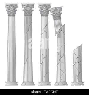 ruined historical Greek antique columns with capitals of the Korinvinsky warrant vector line illustration Stock Vector