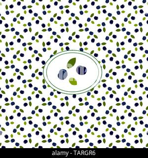 Vector illustration. Seamless pattern. Ripe fresh natural forest blueberries with small green leaves on a white background. For background packaging,  Stock Vector