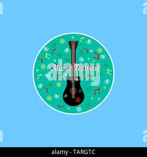 Classic acoustic black guitar with six strings in cartoon style with lettering music festival. On a round green background with multi-colored symbols  Stock Vector