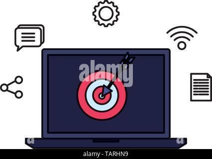 laptop with target and social media icons Stock Vector