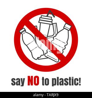 No plastic sign. Say no plastic bags and bottles emblem, stop plastics waste pollution vector icon, saving nature symbol design on white Stock Vector