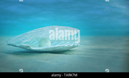 Mother of pearls underwater. Sea shell underwater. Beautiful pearls, expensive jewelry. Oysters and pearls on the underwater sandy seabed. Sunlight be Stock Photo