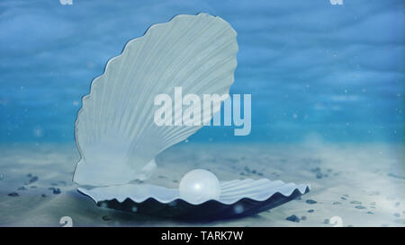 Mother of pearls underwater. Sea shell underwater. Beautiful pearls, expensive jewelry. Oysters and pearls on the underwater sandy seabed. Sunlight be Stock Photo