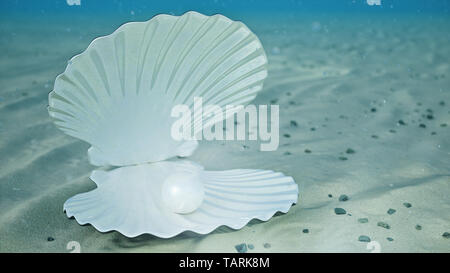 Mother of pearls underwater. Sea shell underwater. Beautiful pearls, expensive jewelry. Oysters and pearls on the underwater sandy seabed. Sunlight be Stock Photo