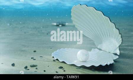 Mother of pearls underwater. Sea shell underwater. Beautiful pearls, expensive jewelry. Oysters and pearls on the underwater sandy seabed. Sunlight be Stock Photo