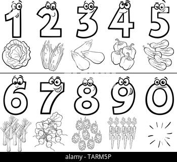 Black and White Cartoon Illustration of Educational Numbers Collection from One to Nine with Vegetables Food Objects Coloring Book Stock Vector