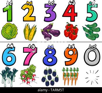 Cartoon Illustration of Educational Numbers Collection from One to Nine with Vegetables Food Objects Stock Vector