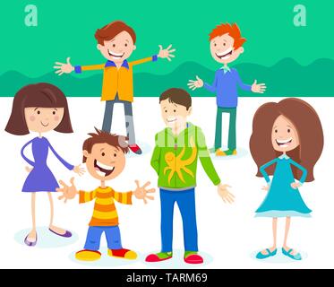 Cartoon Illustration of Elementary Age Kids or Teenager Characters Group Stock Vector