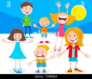Cartoon Illustration of Happy Elementary Age Kids or Teenager Characters Group Stock Vector