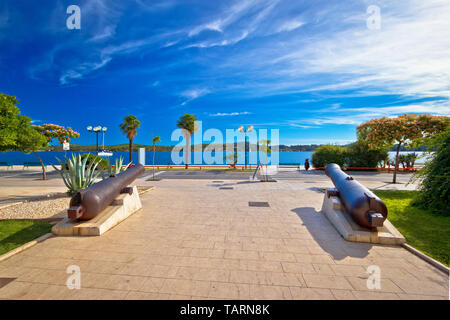 Town of Sibenik waterfront cannons and archipelago view, Dalmatia region of Croatia Stock Photo