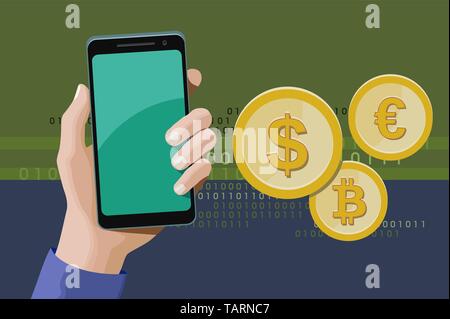 Using a smartphone to send and receive money online. Vector illustration. Stock Vector