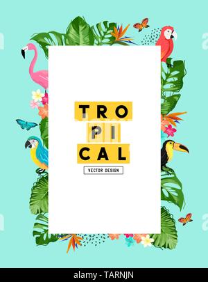 A tropical summer frame background layout with birds and plant life. Vector illustration Stock Vector