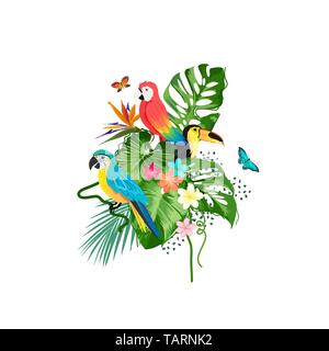 A collection of exotic birds and tropical plants. Vector illustration. Stock Vector