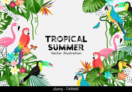 An exotic jungle summer background frame design with birds and palm leaves. Vector illustration. Stock Vector