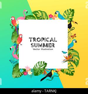 Summer tropical border design with palm leaves, jungle birds and flowers. Vector illustration Stock Vector