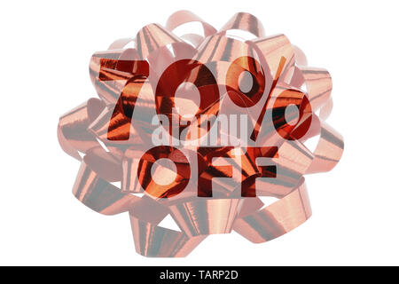 Discount over 70% shown symbolically in the form of a highlighted text 70% off in front of a red gift loop Stock Photo