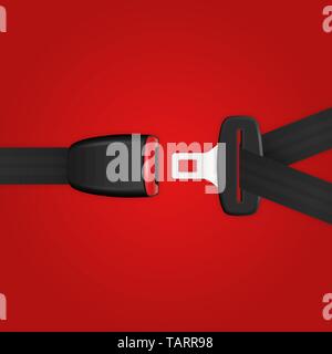 Vector 3d Realistic Unblocked Passenger Seat Belt Clopeup Isolated on Red Backgroud. Design Template. Top View. Transport Safety Concept Stock Vector