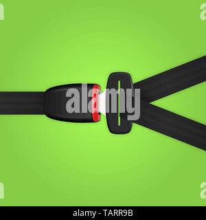 Vector 3d Realistic Unblocked Passenger Seat Belt Clopeup Isolated on Green Backgroud. Design Template. Top View. Transport Safety Concept Stock Vector