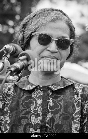 Rosa Parks, known for her stand against racial bus segregation in Montgomery, Alabama, speaking near the Washington Monument at The Poor People's March on Washington in Washington, D.C. on June 19, 1968.
