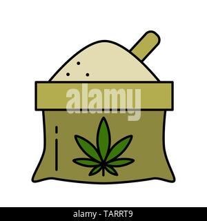A bag of hemp flour with a leaf of marijuana. Isolated vector illustration on white background. Stock Vector