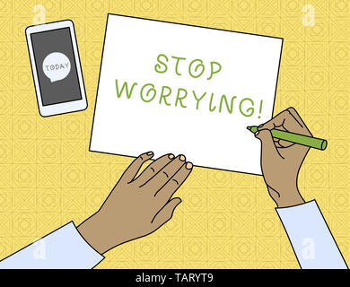 Conceptual hand writing showing Stop Worrying. Concept meaning stop thinking about something bad that happened in the past Top View Man Writing Paper  Stock Photo