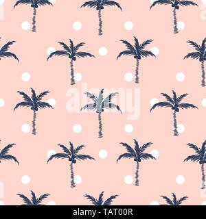 Palm trees pink polka dot retro style seamless pattern design. Stock Vector