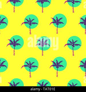 Stylized bright yellow palm trees circled style seamless pattern design. Stock Vector