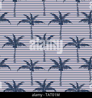 Palm trees blue striped on pink retro style seamless pattern design. Stock Vector