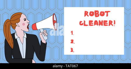 Handwriting text writing Robot Cleaner. Conceptual photo Intelligent programming and a limited vacuum cleaning system Young Woman Jacket Ponytail Shou Stock Photo